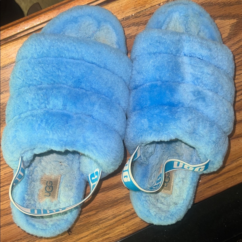 UGG Kids Light Blue Plush Slide Sandals with Branded Strap